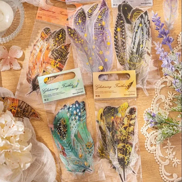 10 pcs/lot Feather Stickers PET Scrapbooking Art Journal DIY Craft Supplies