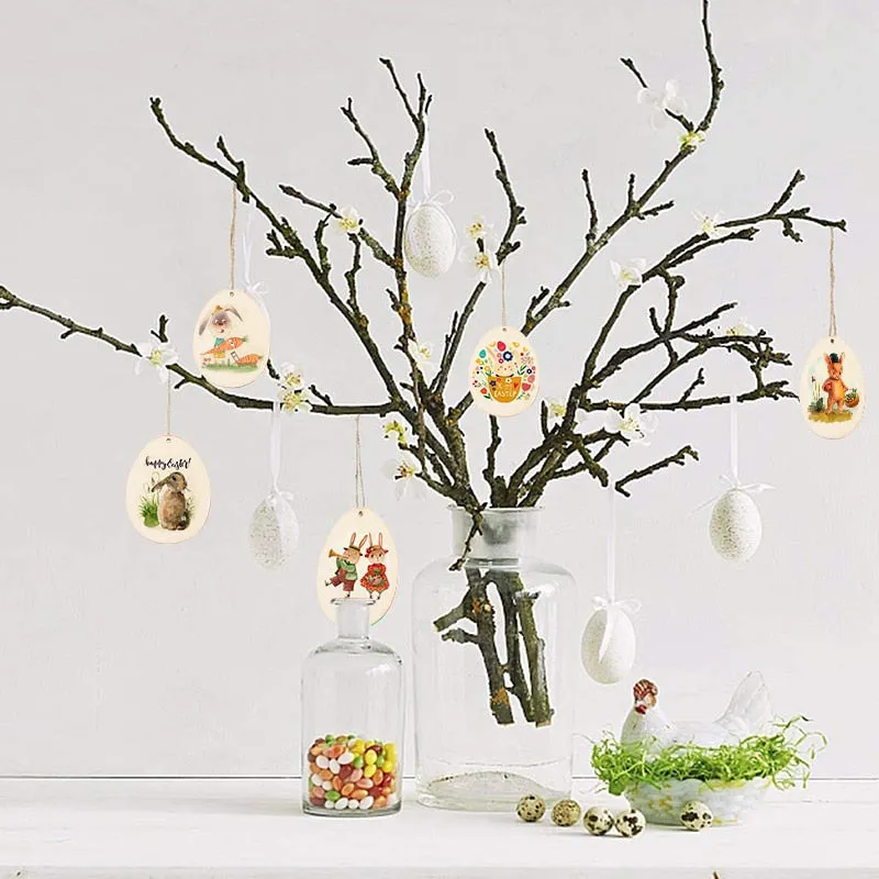 10/25/50pcs Easter Eggs DIY Wooden Craft Hanging Ornament Easter Decorations