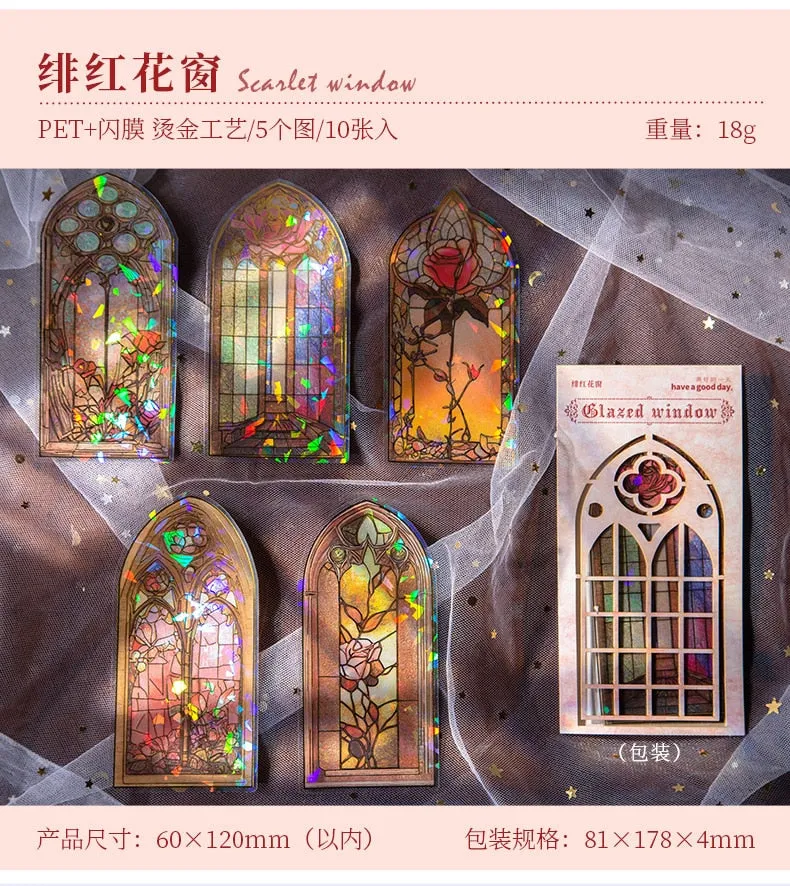 10Pcs Arched Stain Glass Window Series Decorative Waterproof Stickers Scrapbooking DIY Craft