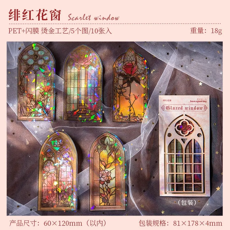 10Pcs Arched Stain Glass Window Series Decorative Waterproof Stickers Scrapbooking DIY Craft