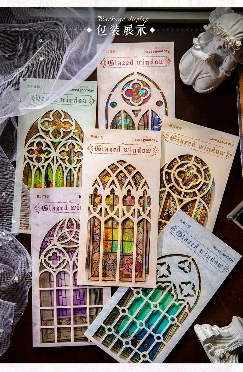 10Pcs Arched Stain Glass Window Series Decorative Waterproof Stickers Scrapbooking DIY Craft