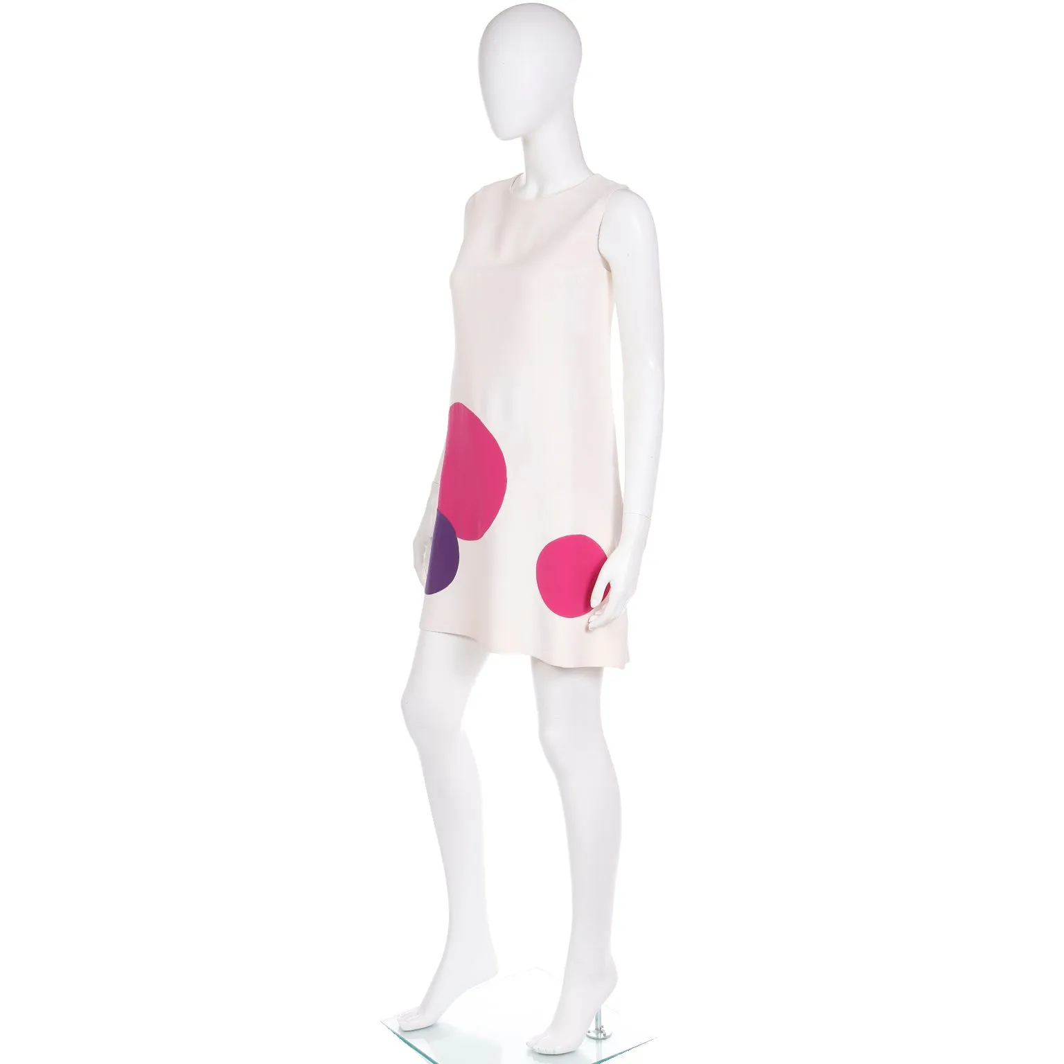 1970s Mila Schon Ivory Silk Shift Dress w Pink & Purple Circles