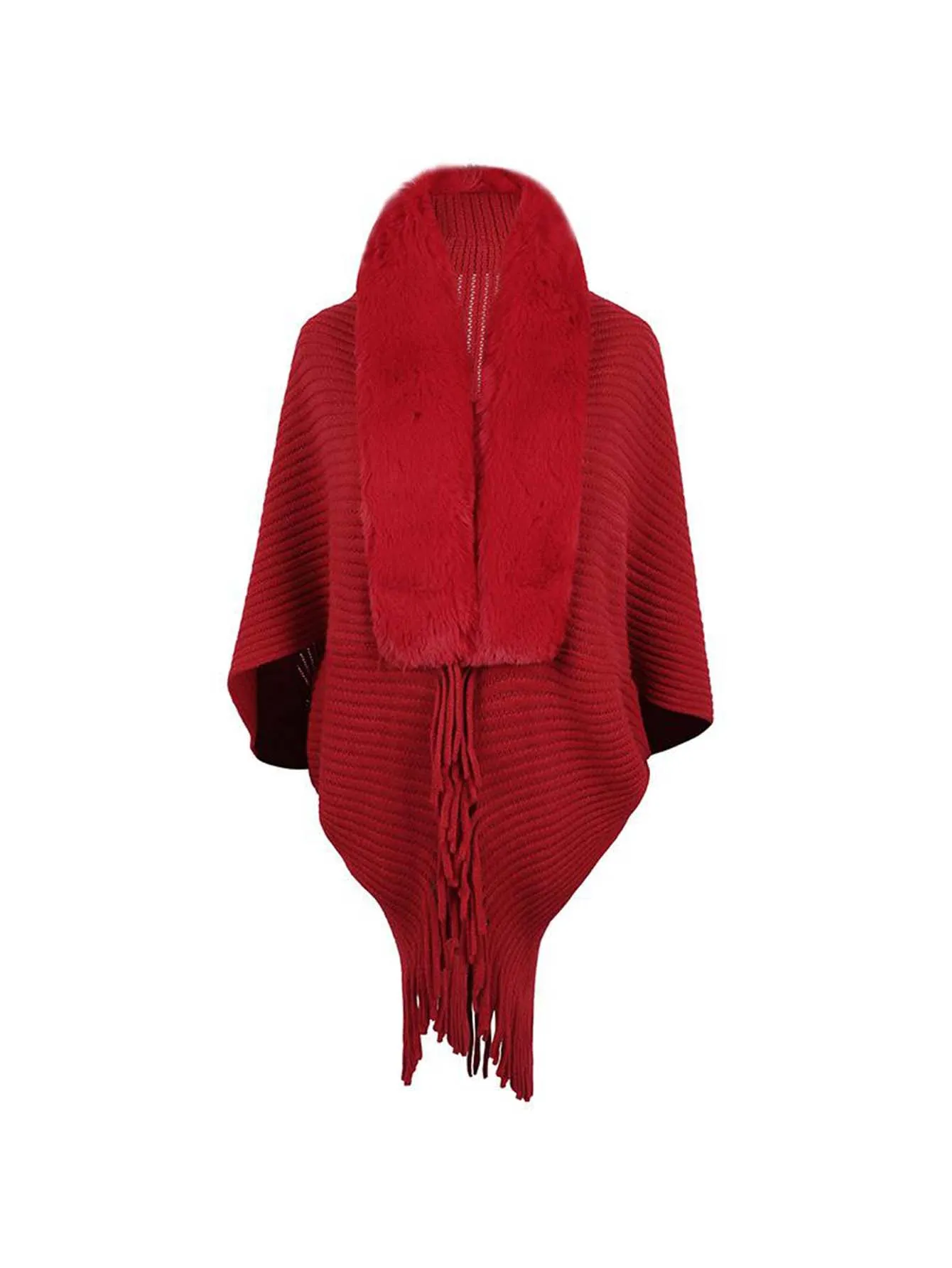 1pc Striped Tassel Shawl With Fur Collar Knitted Cape - Red - FD ⚡