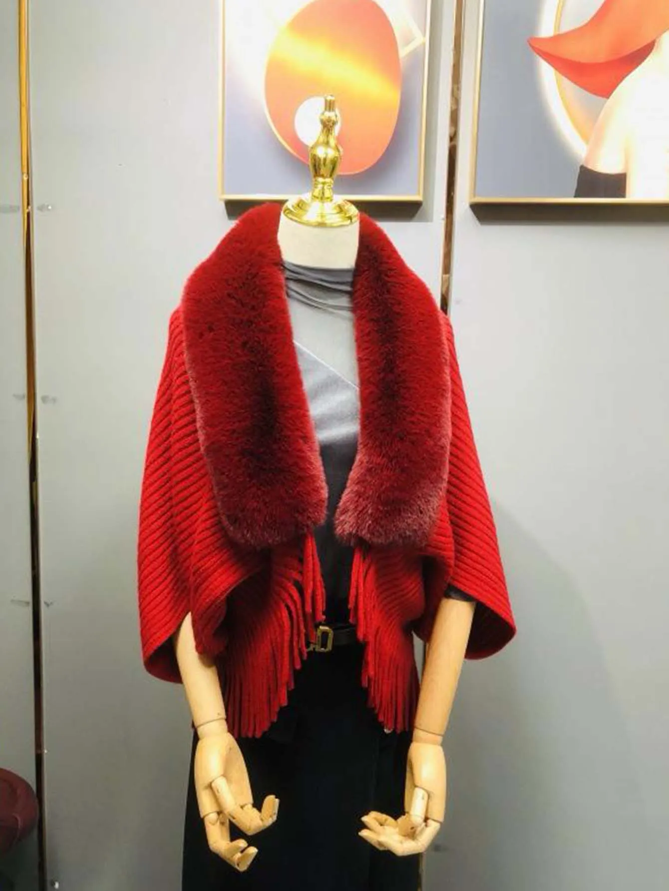 1pc Striped Tassel Shawl With Fur Collar Knitted Cape - Red - FD ⚡