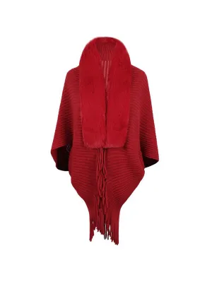 1pc Striped Tassel Shawl With Fur Collar Knitted Cape - Red - FD ⚡