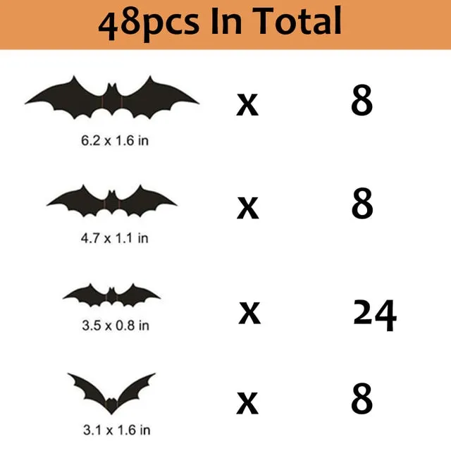 24/48pcs Halloween Decoration 3D Black PVC Bat Wall Stickers