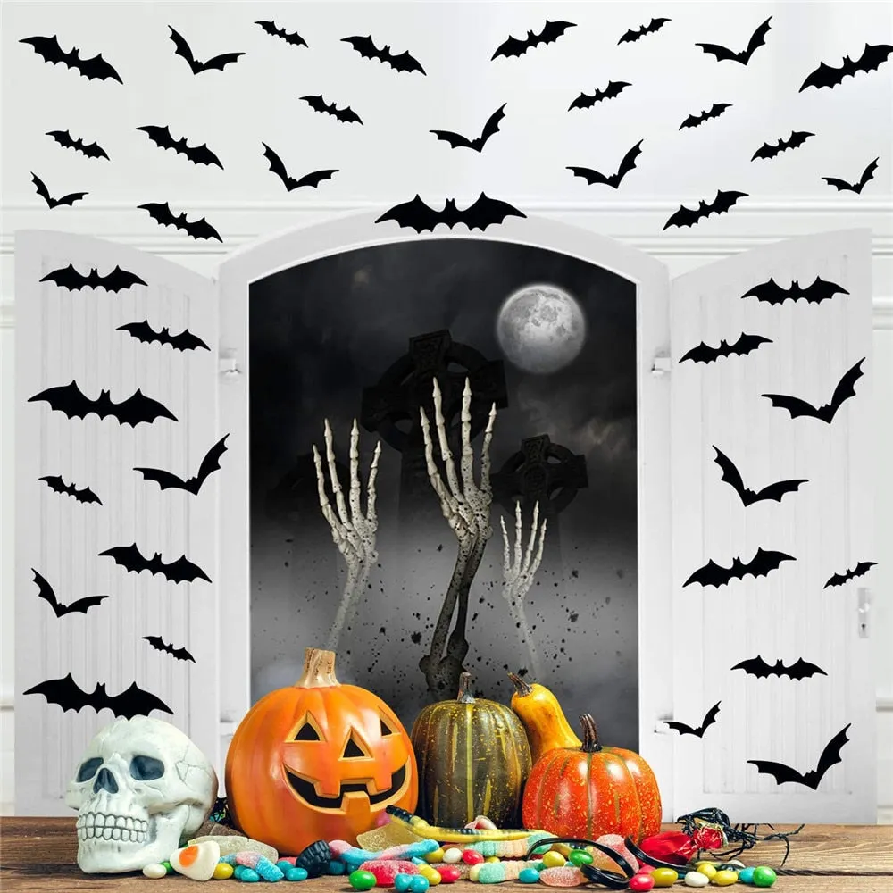24/48pcs Halloween Decoration 3D Black PVC Bat Wall Stickers