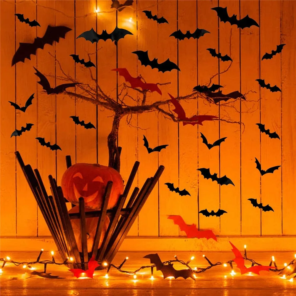 24/48pcs Halloween Decoration 3D Black PVC Bat Wall Stickers