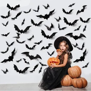 24/48pcs Halloween Decoration 3D Black PVC Bat Wall Stickers