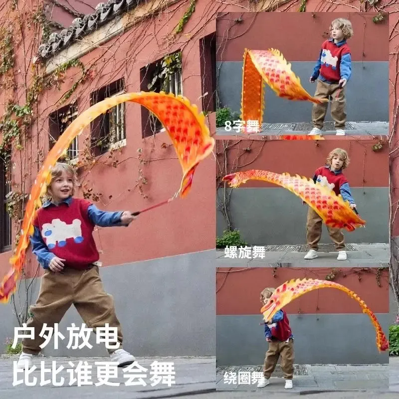 2.5m Orange Dragon Dance Ribbon With Stick and Lights