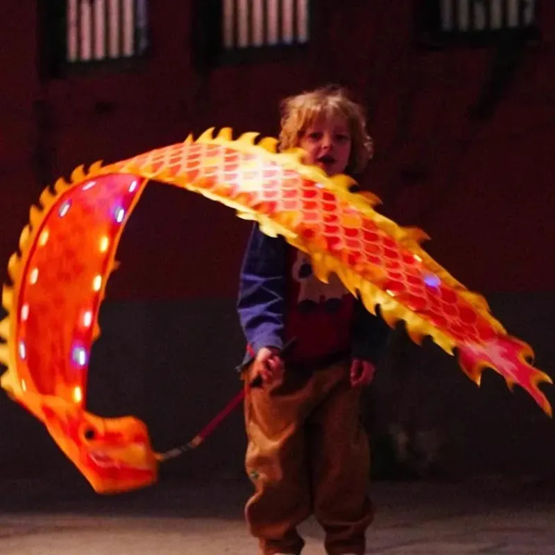 2.5m Orange Dragon Dance Ribbon With Stick and Lights