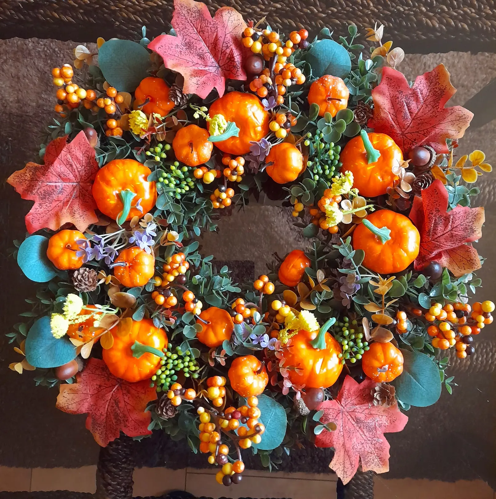 40cm Halloween Wreaths with Berries, Pumpkin, Maple Leaves, Thanksgiving Harvest Festival Home Decoration