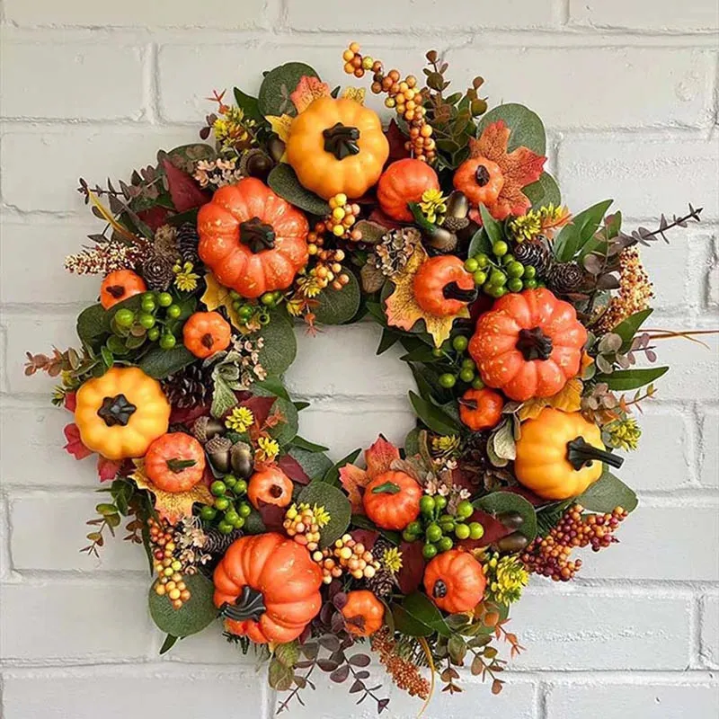 40cm Halloween Wreaths with Berries, Pumpkin, Maple Leaves, Thanksgiving Harvest Festival Home Decoration