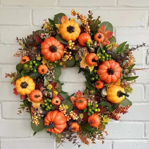40cm Halloween Wreaths with Berries, Pumpkin, Maple Leaves, Thanksgiving Harvest Festival Home Decoration