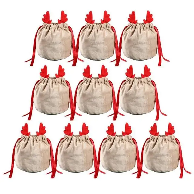 5/10 Christmas Reindeer Drawstring Candy Gift Bags Reusable
