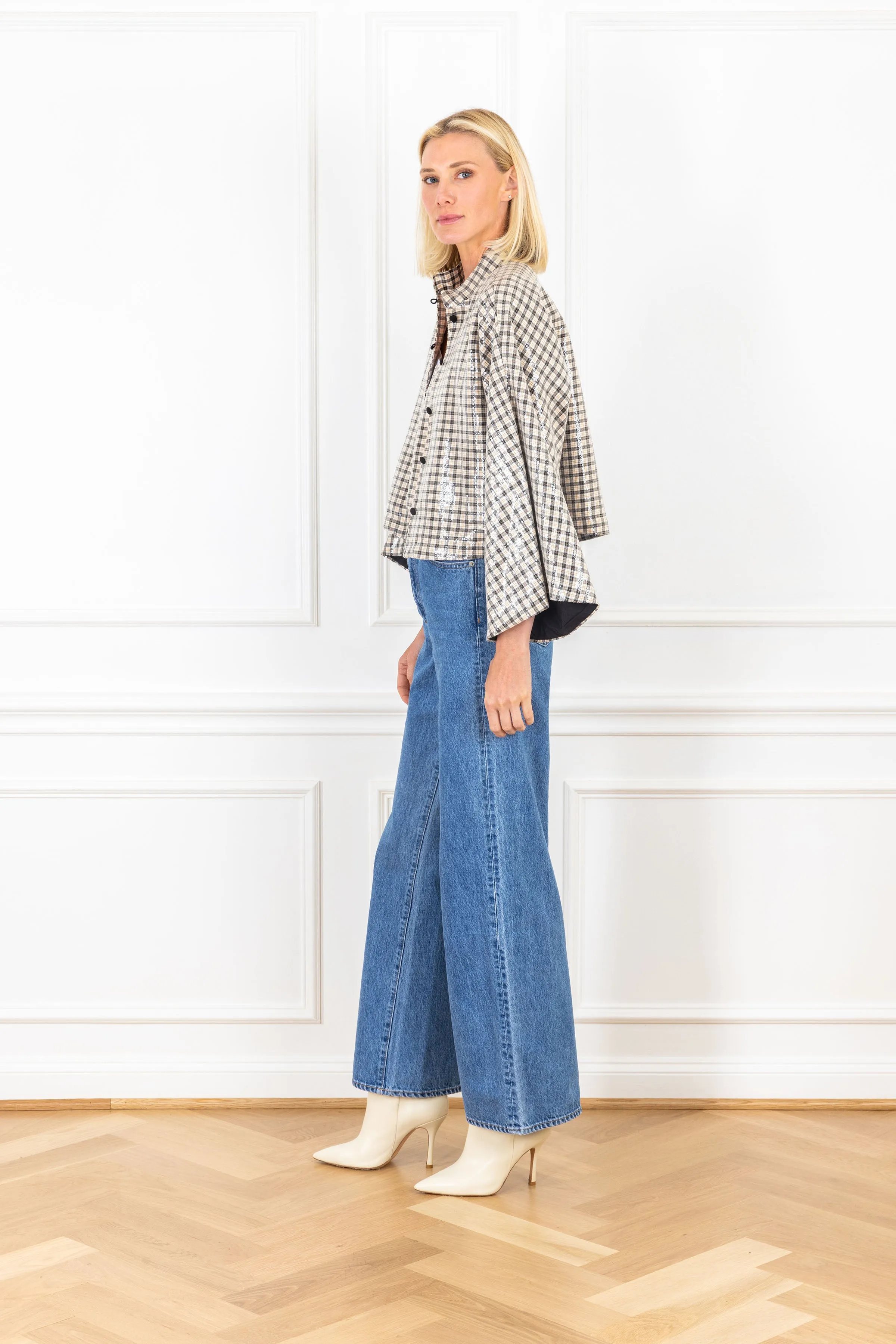 Almond Gingham Sequin Cropped Jacket