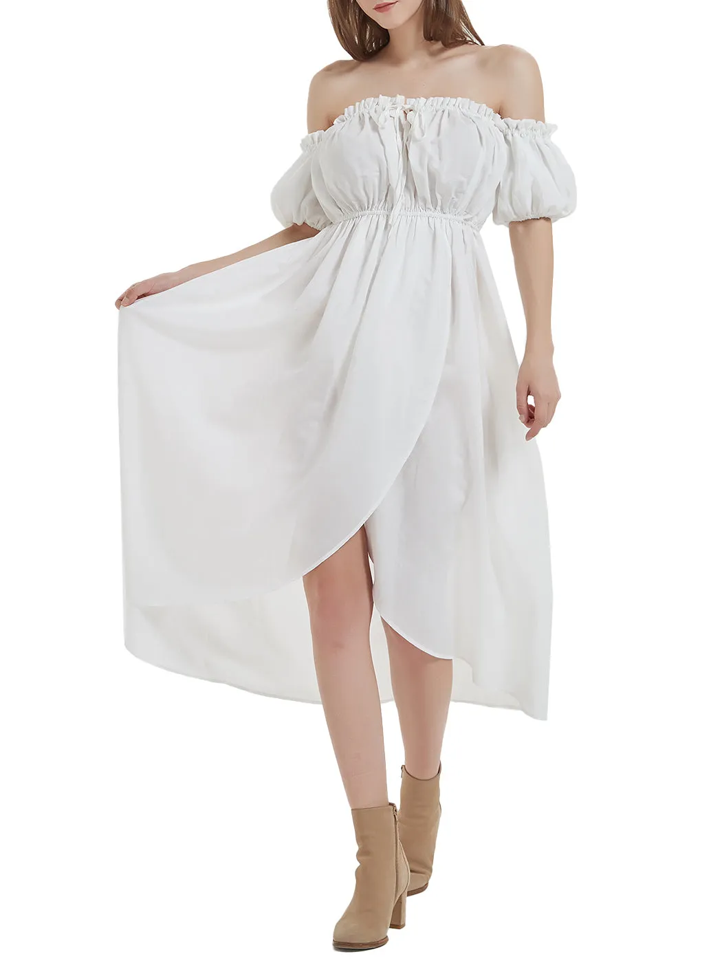Anna-Kaci Women White Summer Fall Renaissance Dresses Casual Boho Lantern Sleeve Off Shoulder Fairy Long Dress