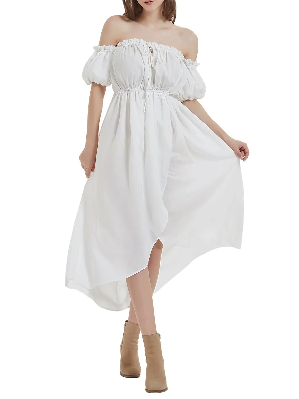 Anna-Kaci Women White Summer Fall Renaissance Dresses Casual Boho Lantern Sleeve Off Shoulder Fairy Long Dress