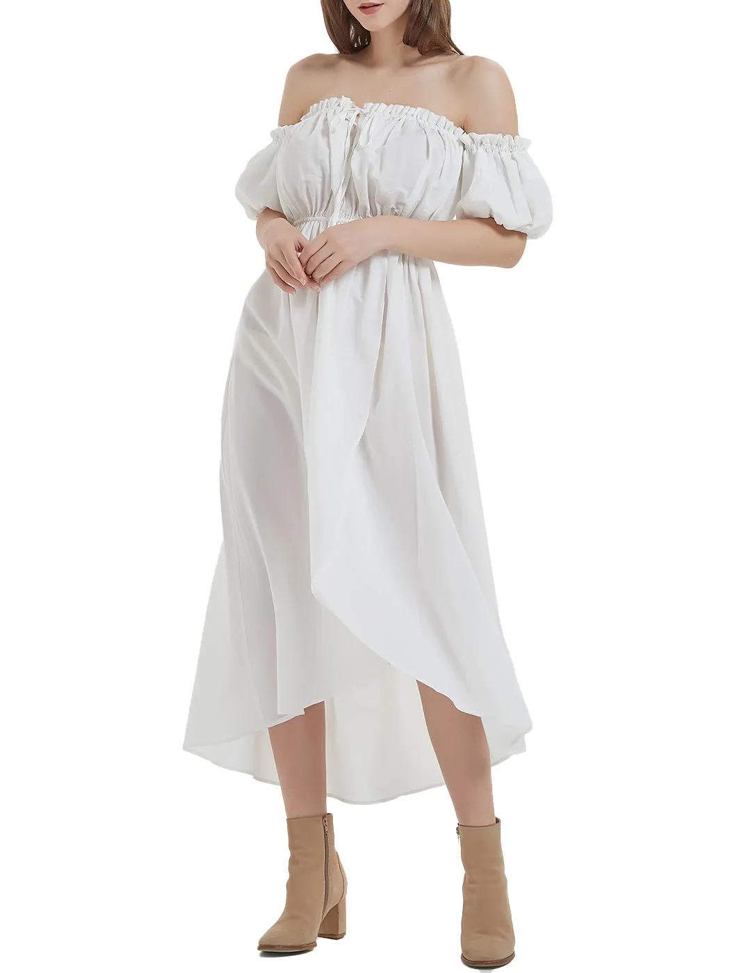 Anna-Kaci Women White Summer Fall Renaissance Dresses Casual Boho Lantern Sleeve Off Shoulder Fairy Long Dress