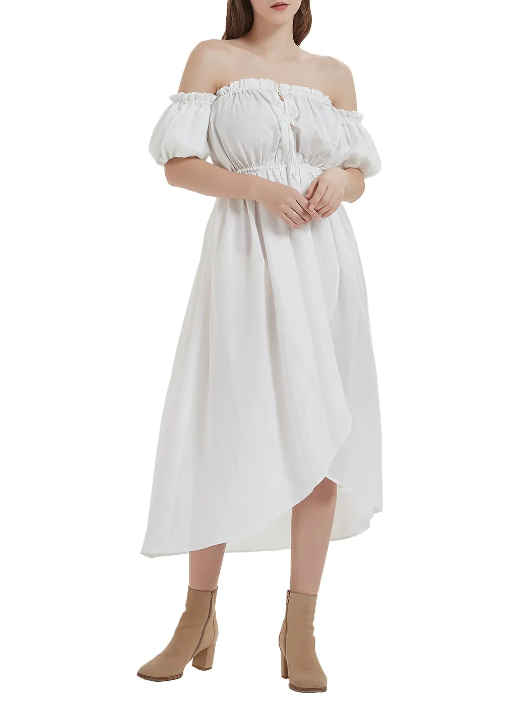 Anna-Kaci Women White Summer Fall Renaissance Dresses Casual Boho Lantern Sleeve Off Shoulder Fairy Long Dress