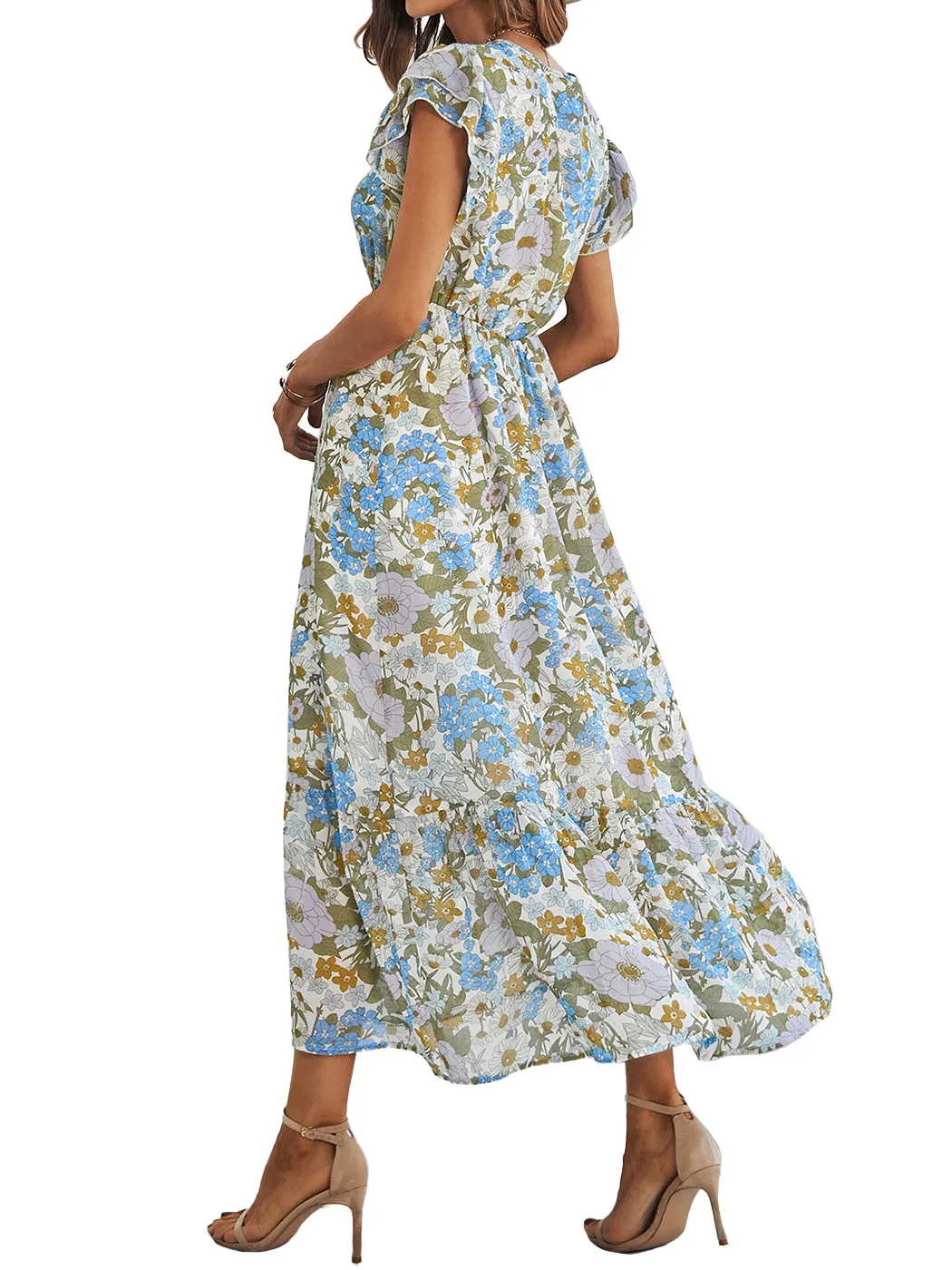 Anna-Kaci Women¡¯s Summer Casual Floral Midi Dress V-Neck Cap Sleeves Ruffle Hem Flowy Swing Dresses
