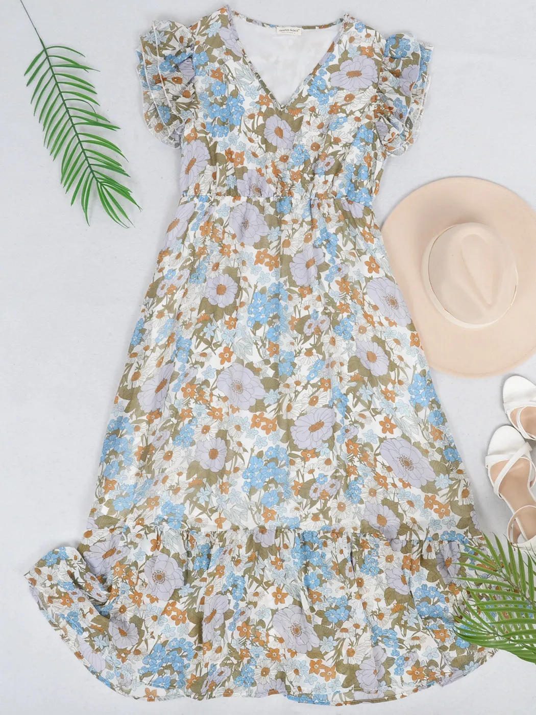 Anna-Kaci Women¡¯s Summer Casual Floral Midi Dress V-Neck Cap Sleeves Ruffle Hem Flowy Swing Dresses