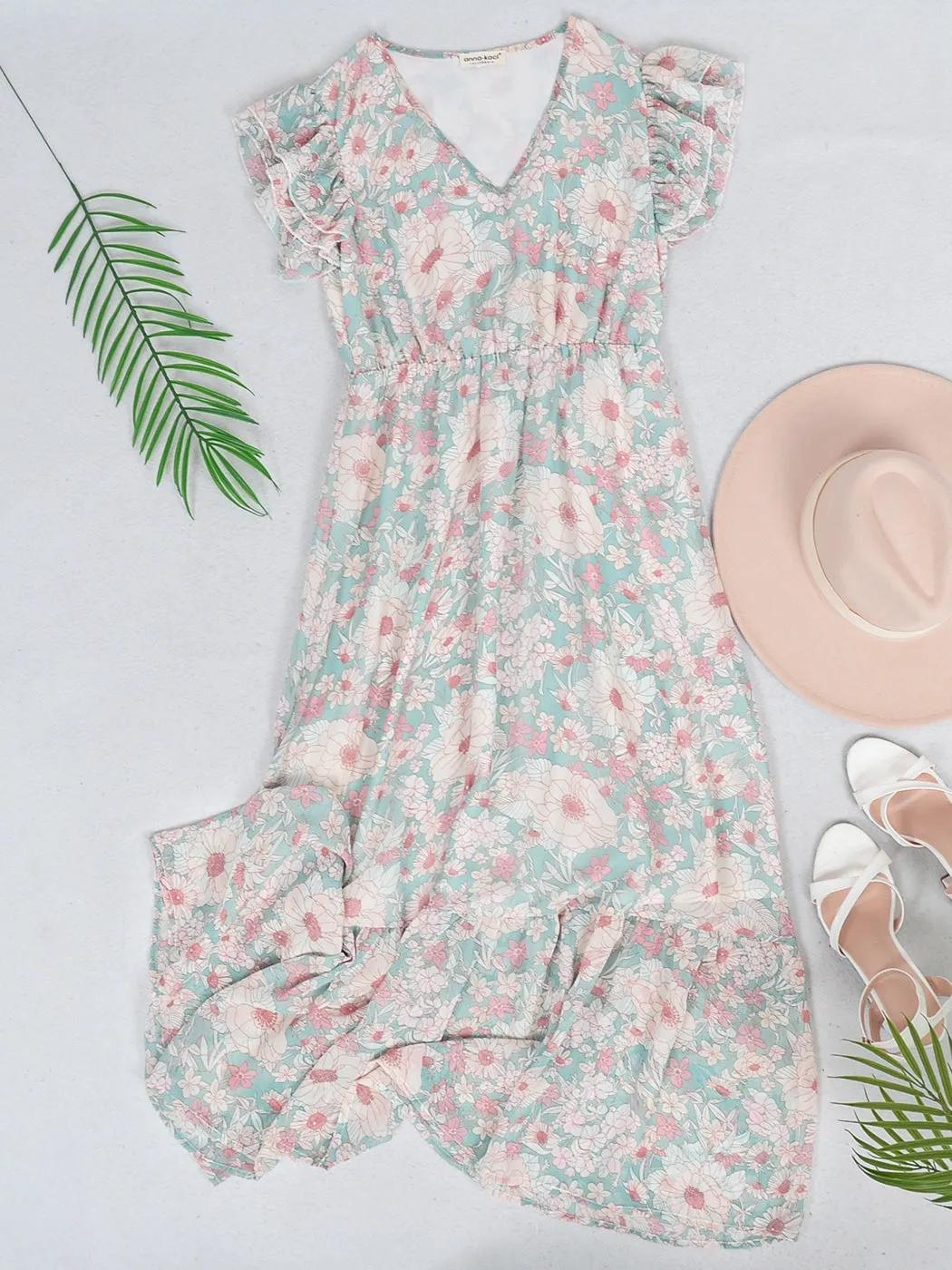 Anna-Kaci Women¡¯s Summer Casual Floral Midi Dress V-Neck Cap Sleeves Ruffle Hem Flowy Swing Dresses