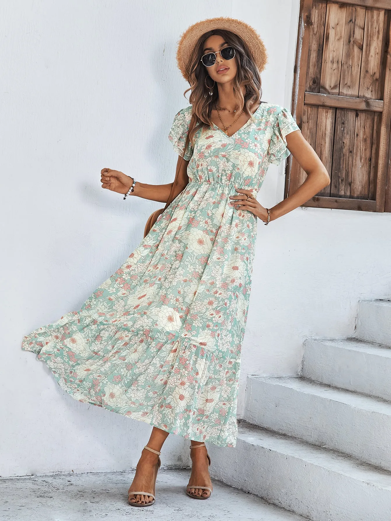 Anna-Kaci Women¡¯s Summer Casual Floral Midi Dress V-Neck Cap Sleeves Ruffle Hem Flowy Swing Dresses