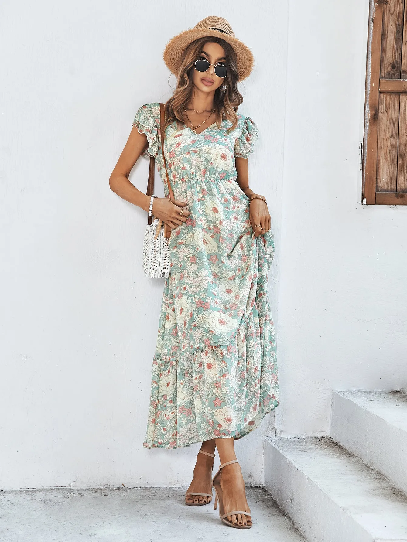 Anna-Kaci Women¡¯s Summer Casual Floral Midi Dress V-Neck Cap Sleeves Ruffle Hem Flowy Swing Dresses