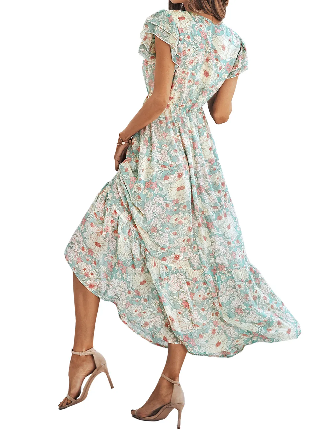 Anna-Kaci Women¡¯s Summer Casual Floral Midi Dress V-Neck Cap Sleeves Ruffle Hem Flowy Swing Dresses