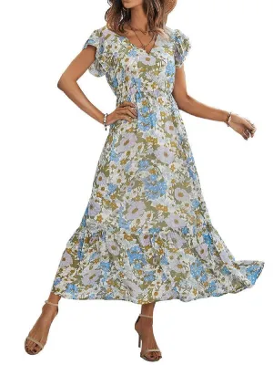 Anna-Kaci Women¡¯s Summer Casual Floral Midi Dress V-Neck Cap Sleeves Ruffle Hem Flowy Swing Dresses