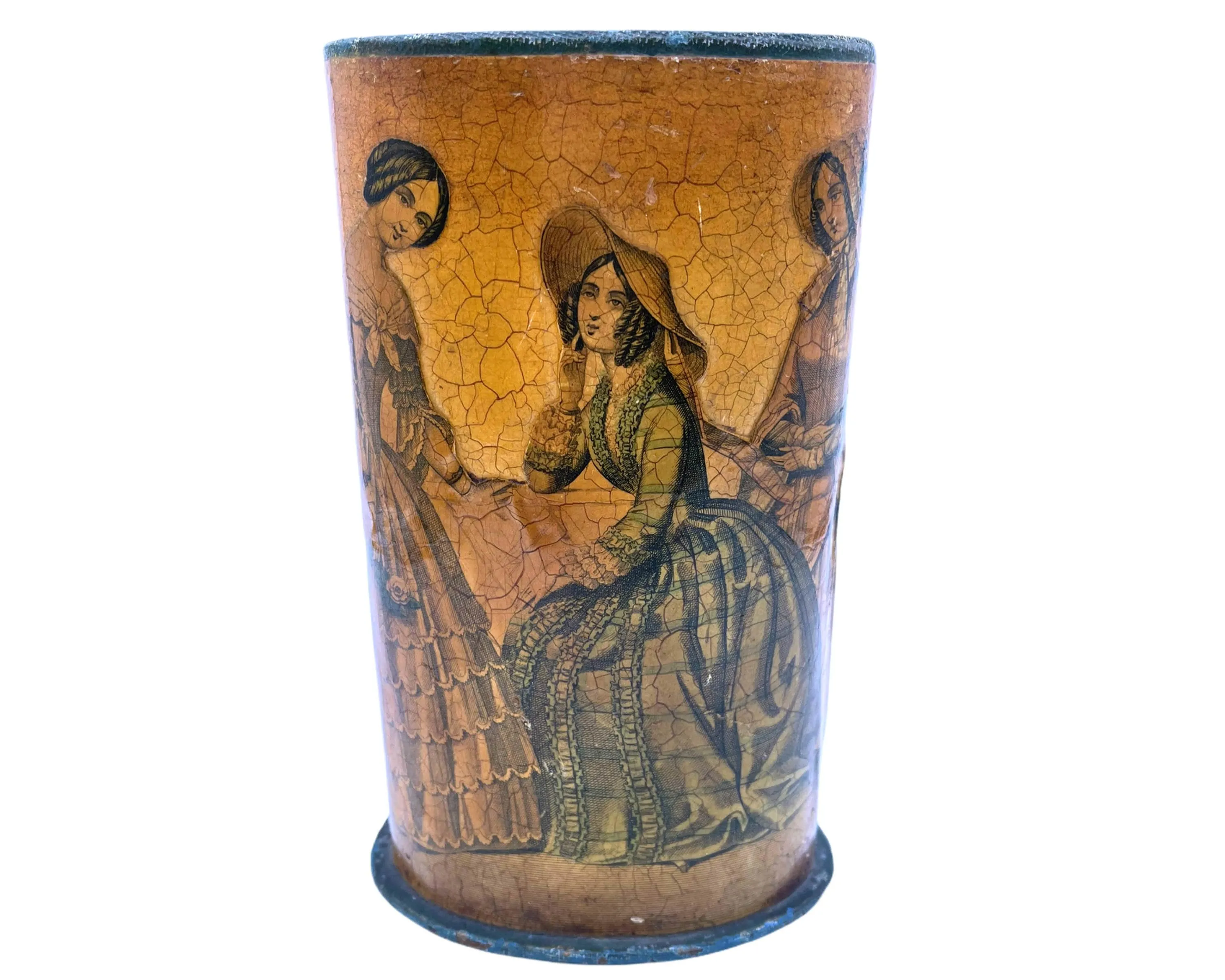 Antique 19th c Decoupage Godey Victorian Fashion Papier Mache Pencil Holder or Other 7 Tall