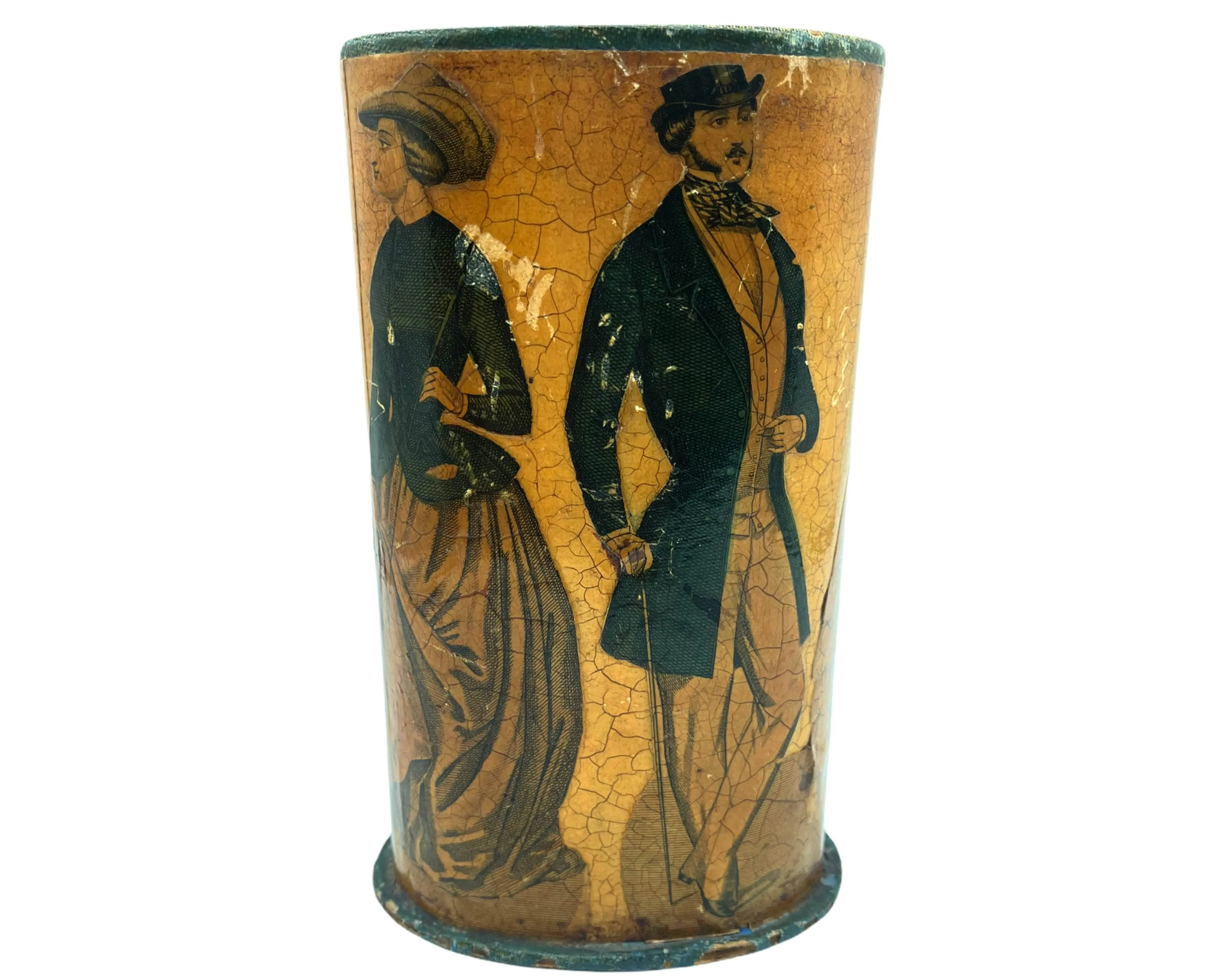 Antique 19th c Decoupage Godey Victorian Fashion Papier Mache Pencil Holder or Other 7 Tall