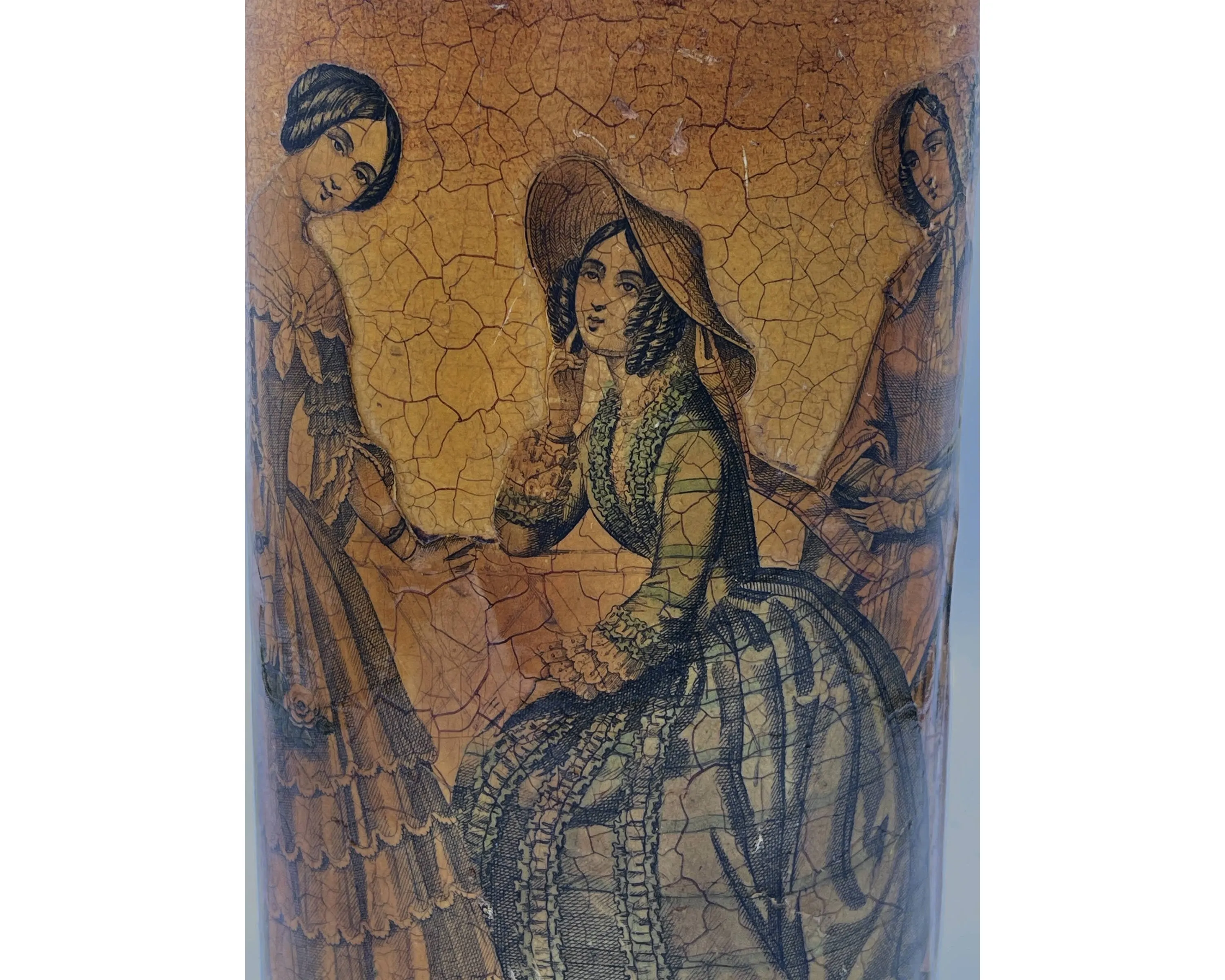 Antique 19th c Decoupage Godey Victorian Fashion Papier Mache Pencil Holder or Other 7 Tall