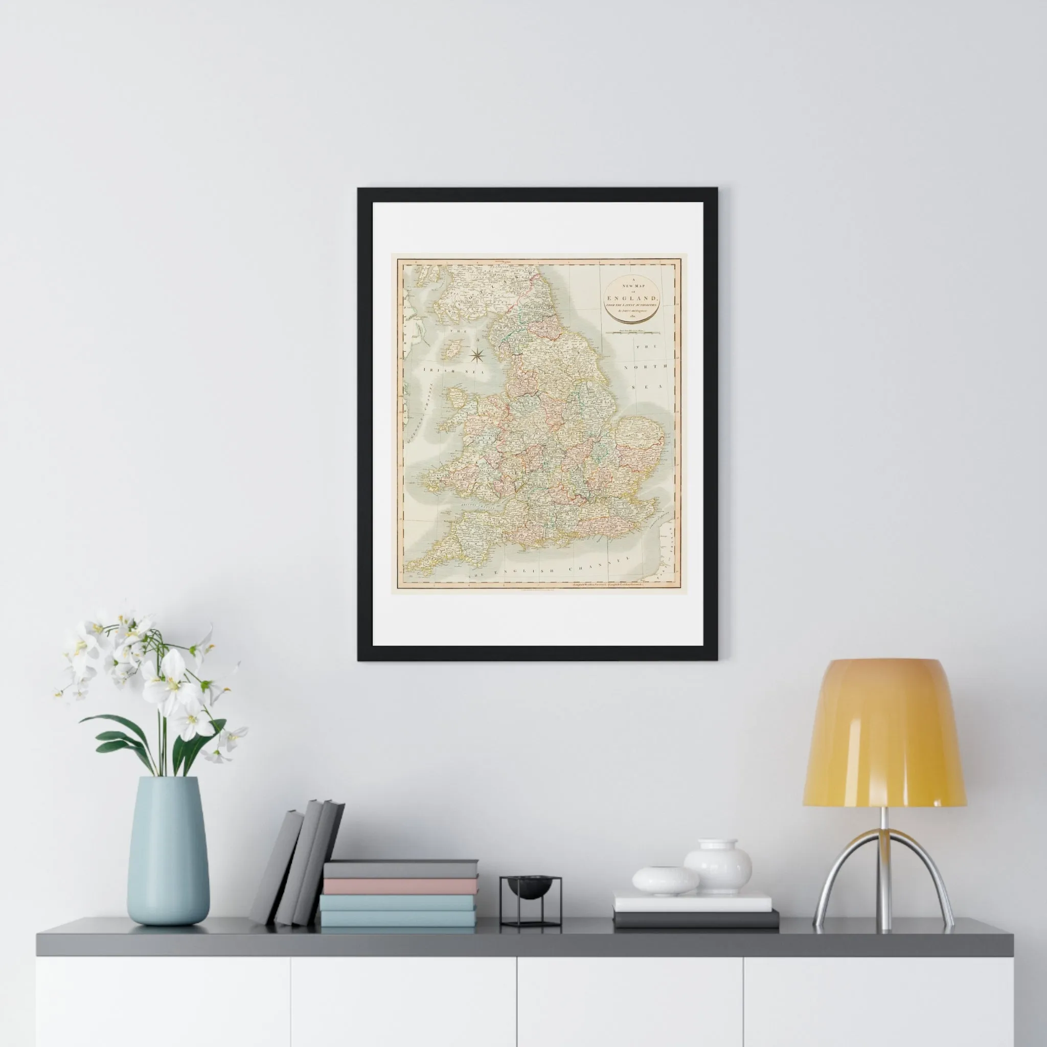 Antique Map: A New Map of England (1811) by John Cary from the Original, Framed Art Print