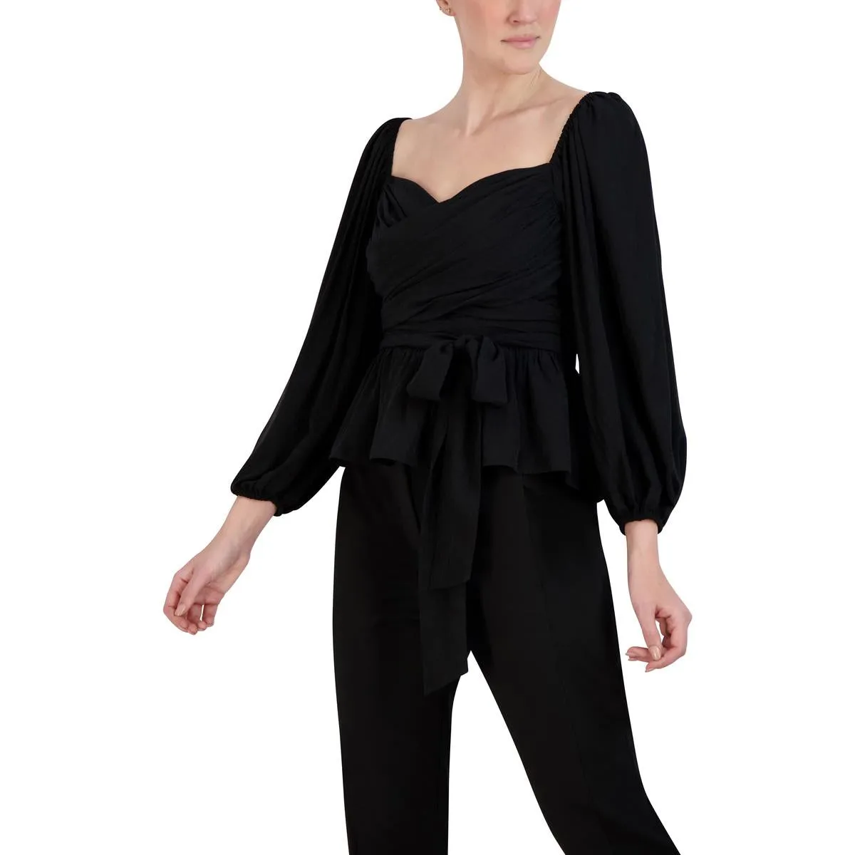 BCBGMAXAZRIA Women's Gathered Long Sleeve Tie Front Peplum Blouse