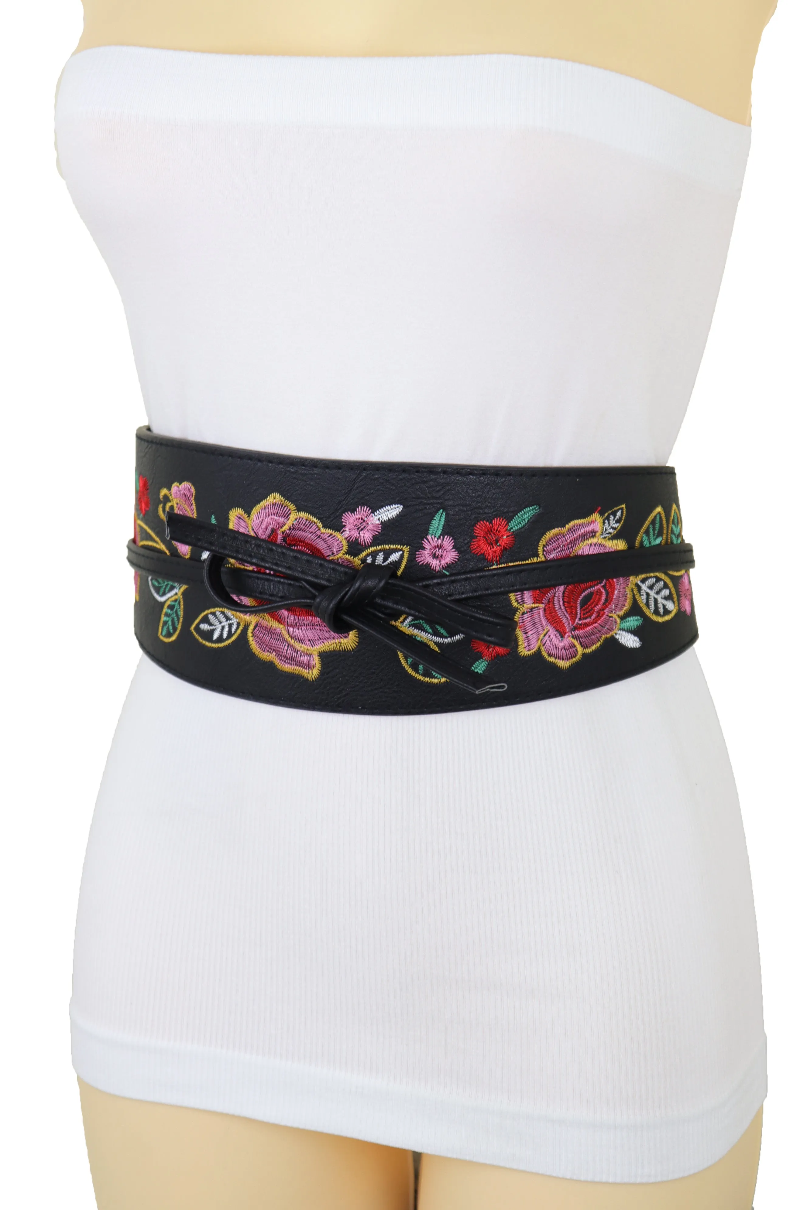 Black Faux Leather Wrap Kimono Wrap Around Tie Belt Embroidery Flower S M