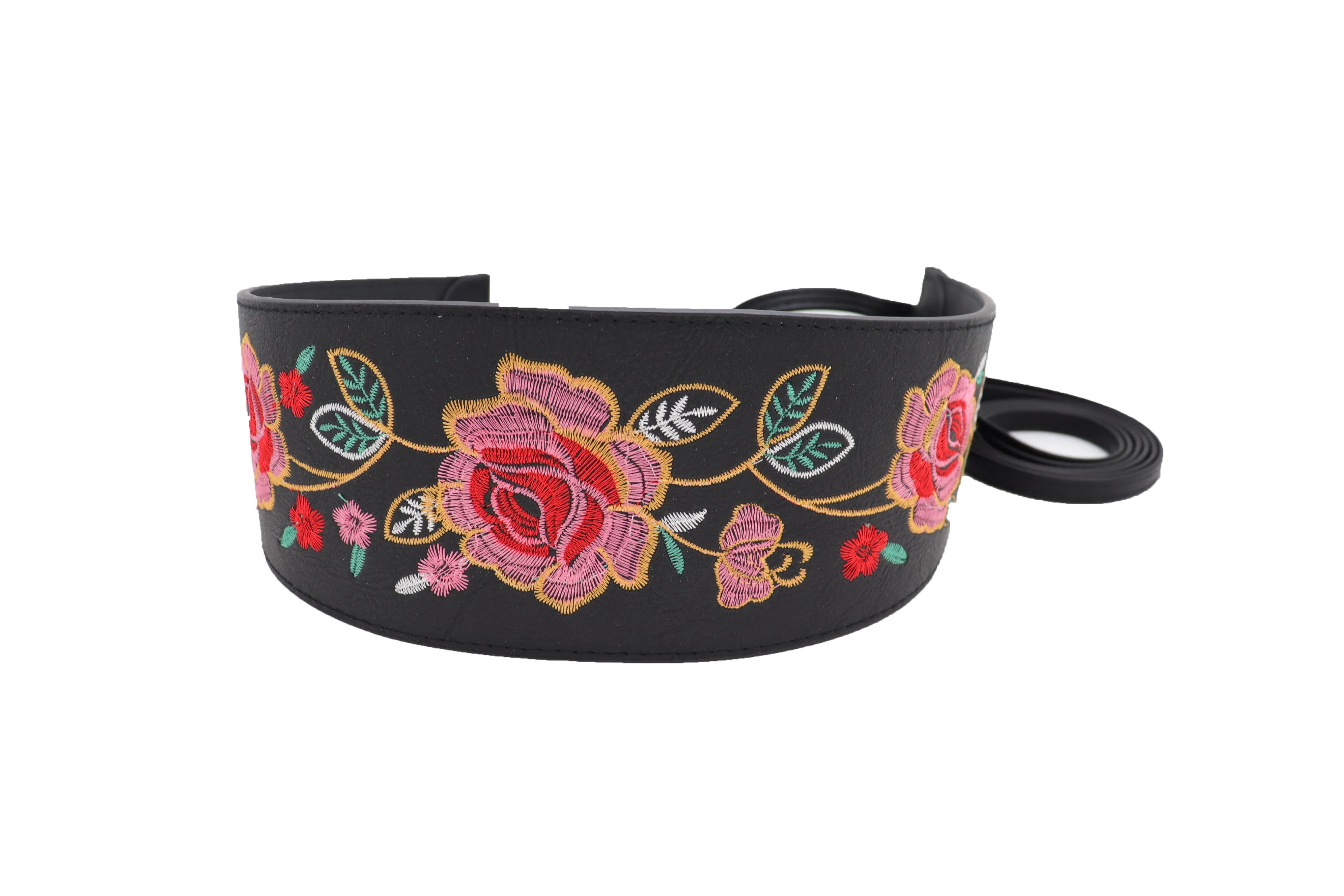 Black Faux Leather Wrap Kimono Wrap Around Tie Belt Embroidery Flower S M