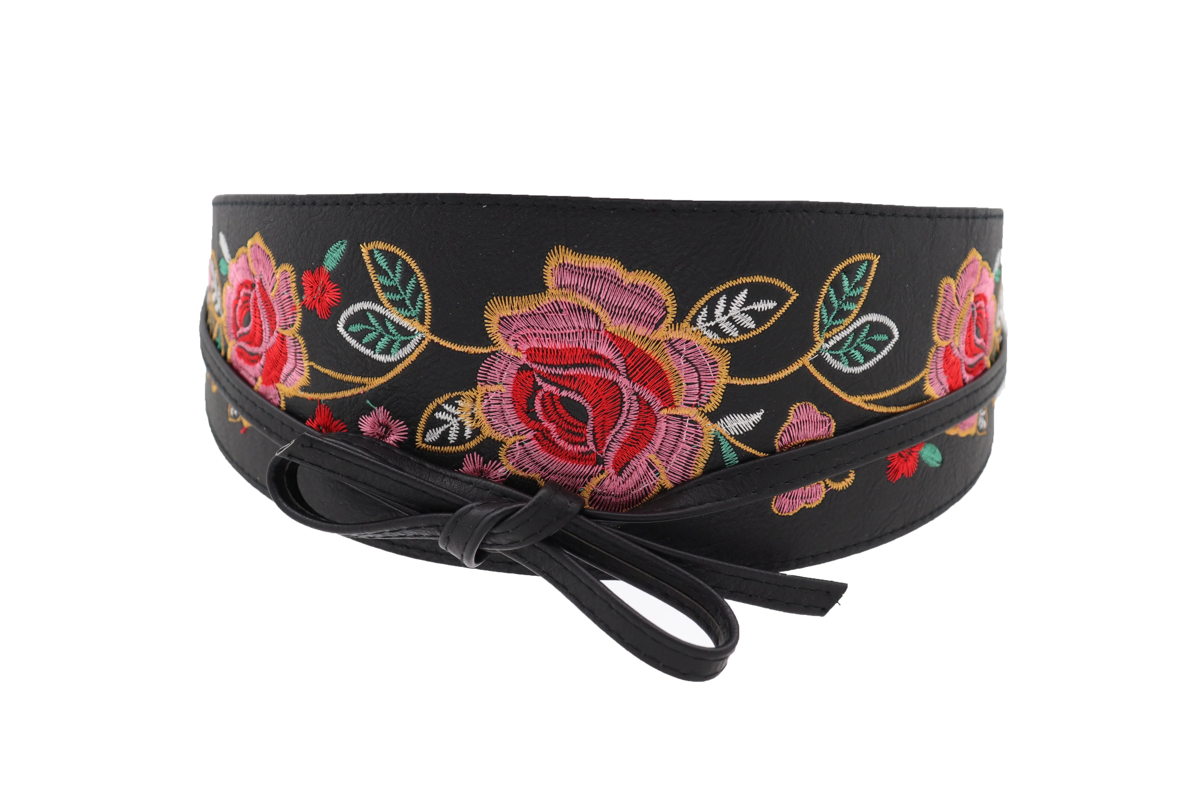 Black Faux Leather Wrap Kimono Wrap Around Tie Belt Embroidery Flower S M