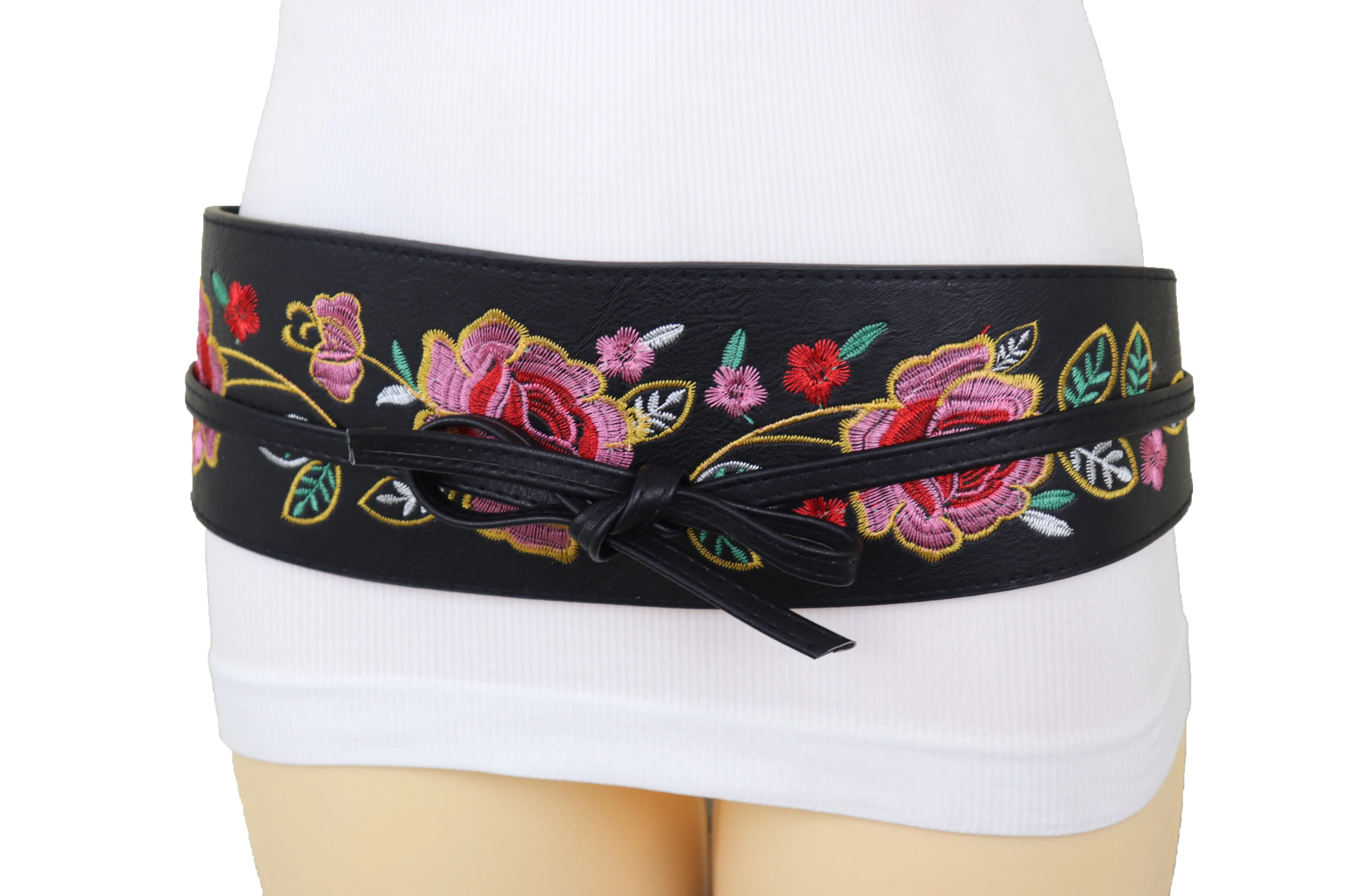 Black Faux Leather Wrap Kimono Wrap Around Tie Belt Embroidery Flower S M