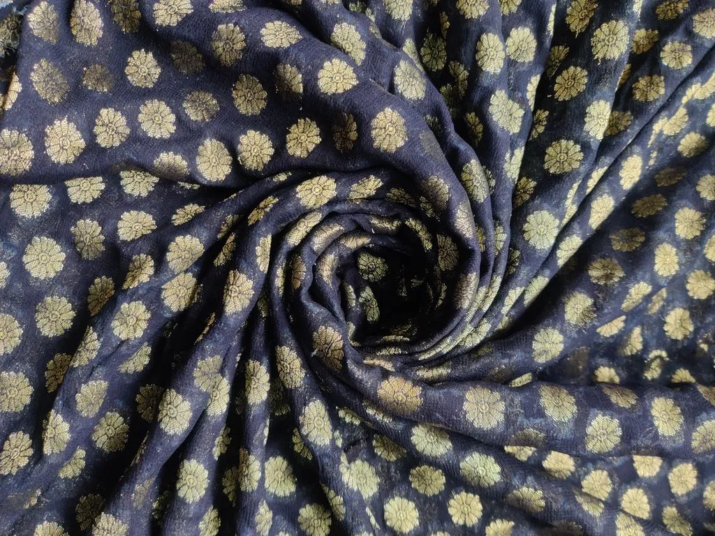 Black Golden Flowers Weaved Georgette Fabric