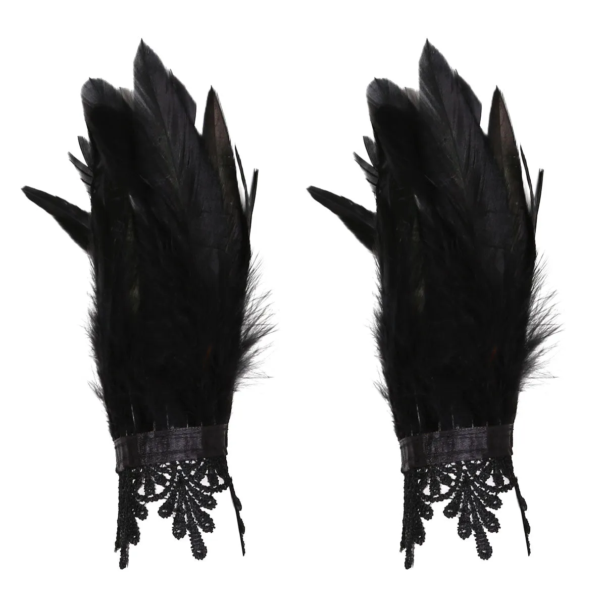 Black Natural Feather Wrist Cuffs with Ribbon Ties