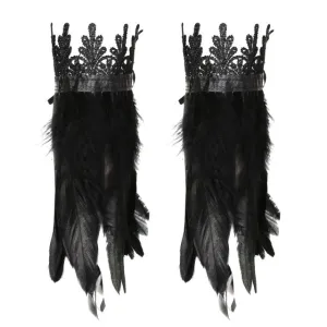 Black Natural Feather Wrist Cuffs with Ribbon Ties