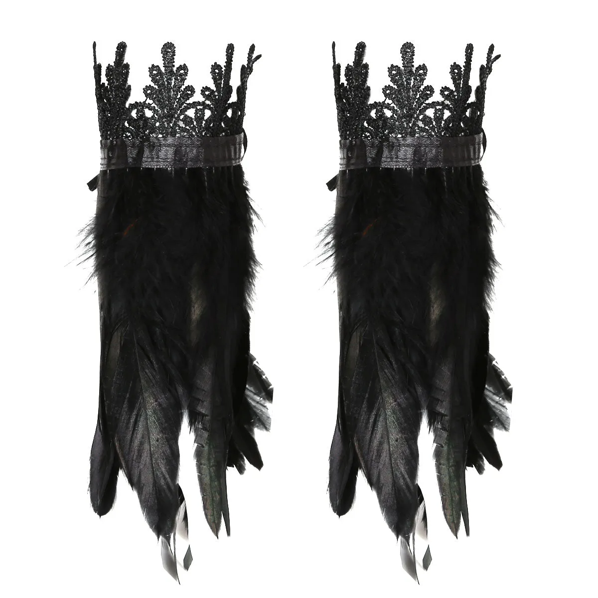Black Natural Feather Wrist Cuffs with Ribbon Ties
