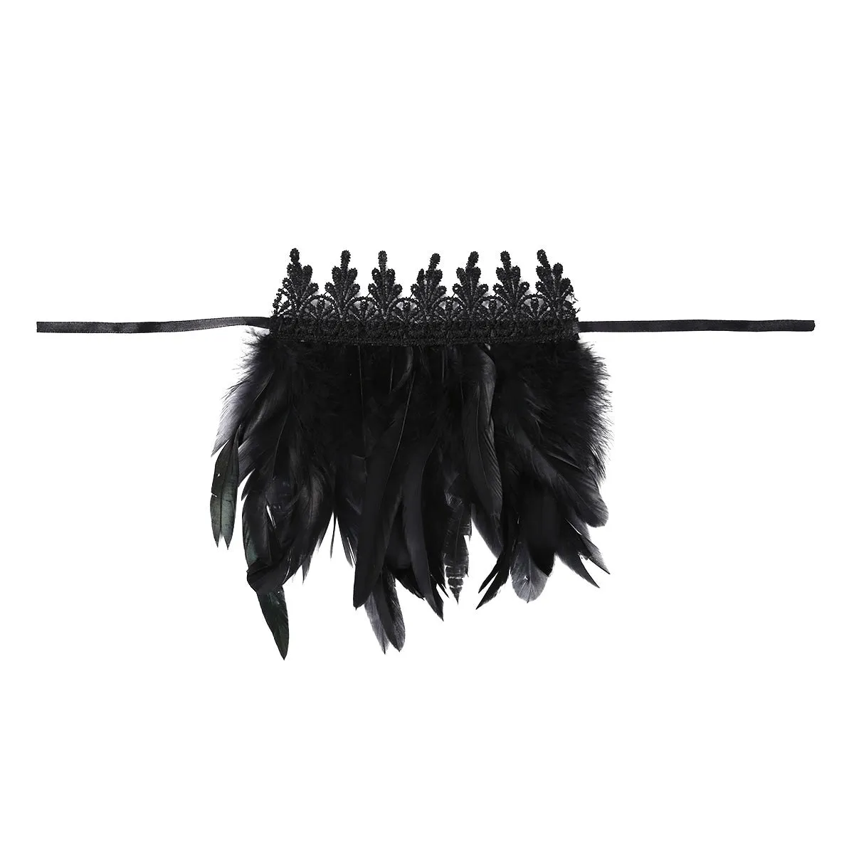Black Natural Feather Wrist Cuffs with Ribbon Ties