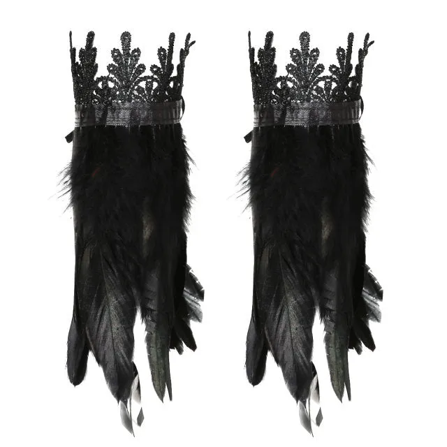 Black Natural Feather Wrist Cuffs with Ribbon Ties