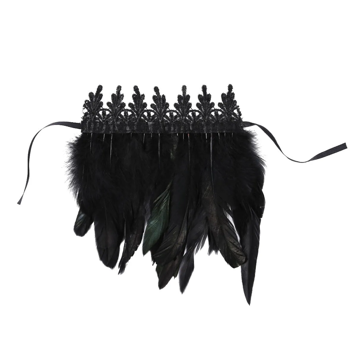 Black Natural Feather Wrist Cuffs with Ribbon Ties