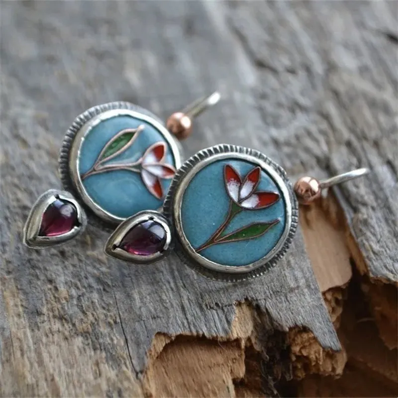Blue Red Flower Enamel Purple Stone Droplet Dangle Earrings