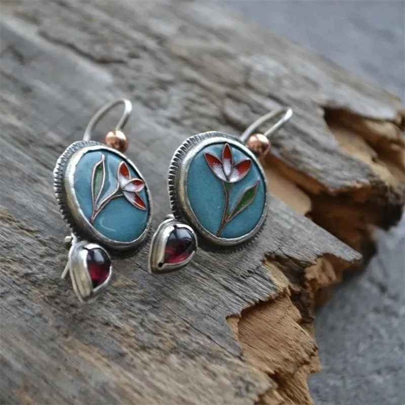 Blue Red Flower Enamel Purple Stone Droplet Dangle Earrings