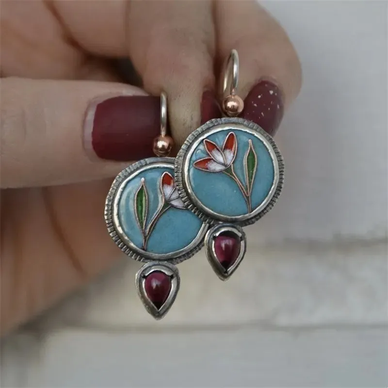 Blue Red Flower Enamel Purple Stone Droplet Dangle Earrings